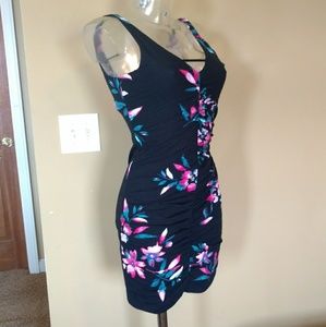 Stretchy, black and floral dress.